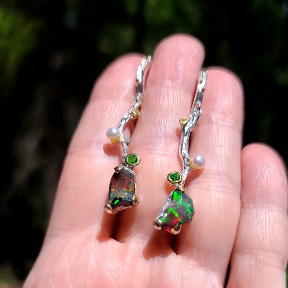 RAW black Opal chrome Diopside pearl & citrine sterling vine earrings - Picture 9 of 13